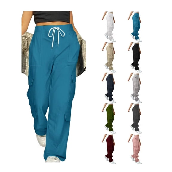 Miluxas Womens Y2K Wide Leg Cargo Pants Drawstring High Waist Loose Parachute Pants with Pockets Outdoor Hiking Pants for Travel Casual Wear White
