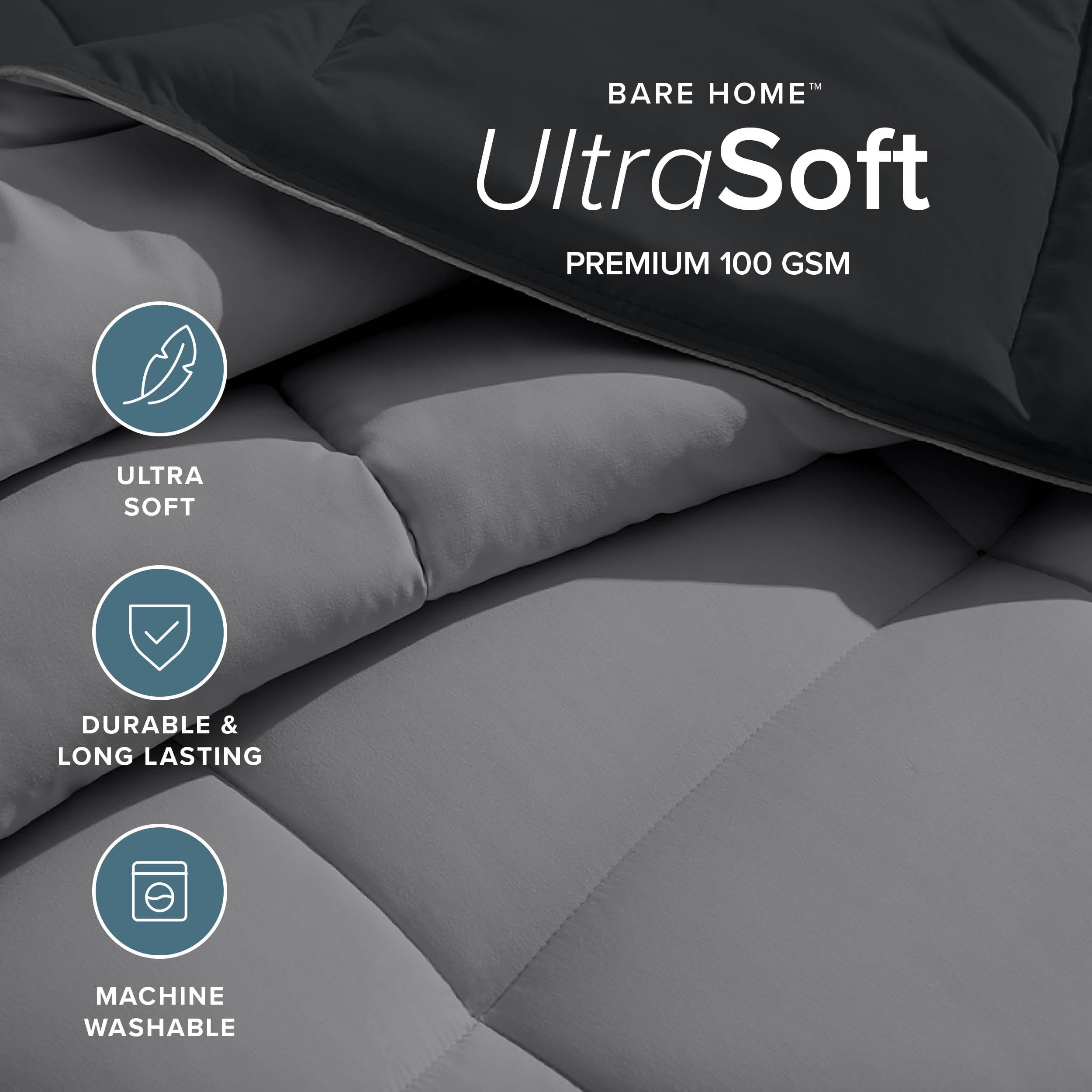 Bare Home 1800 Collection Reversible Down Alternative Comforter, All-Season, Oversized Queen, Black/Gray