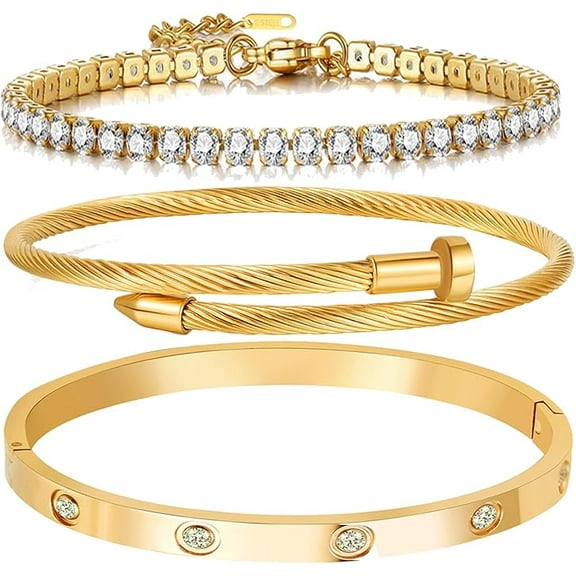 3pcs 18K Gold Plated Love Bangle & Tennis Bracelet Set for Women, Stackable Wide Wristband Adjustable Cubic Zirconia Bracelet Jewelry Gift