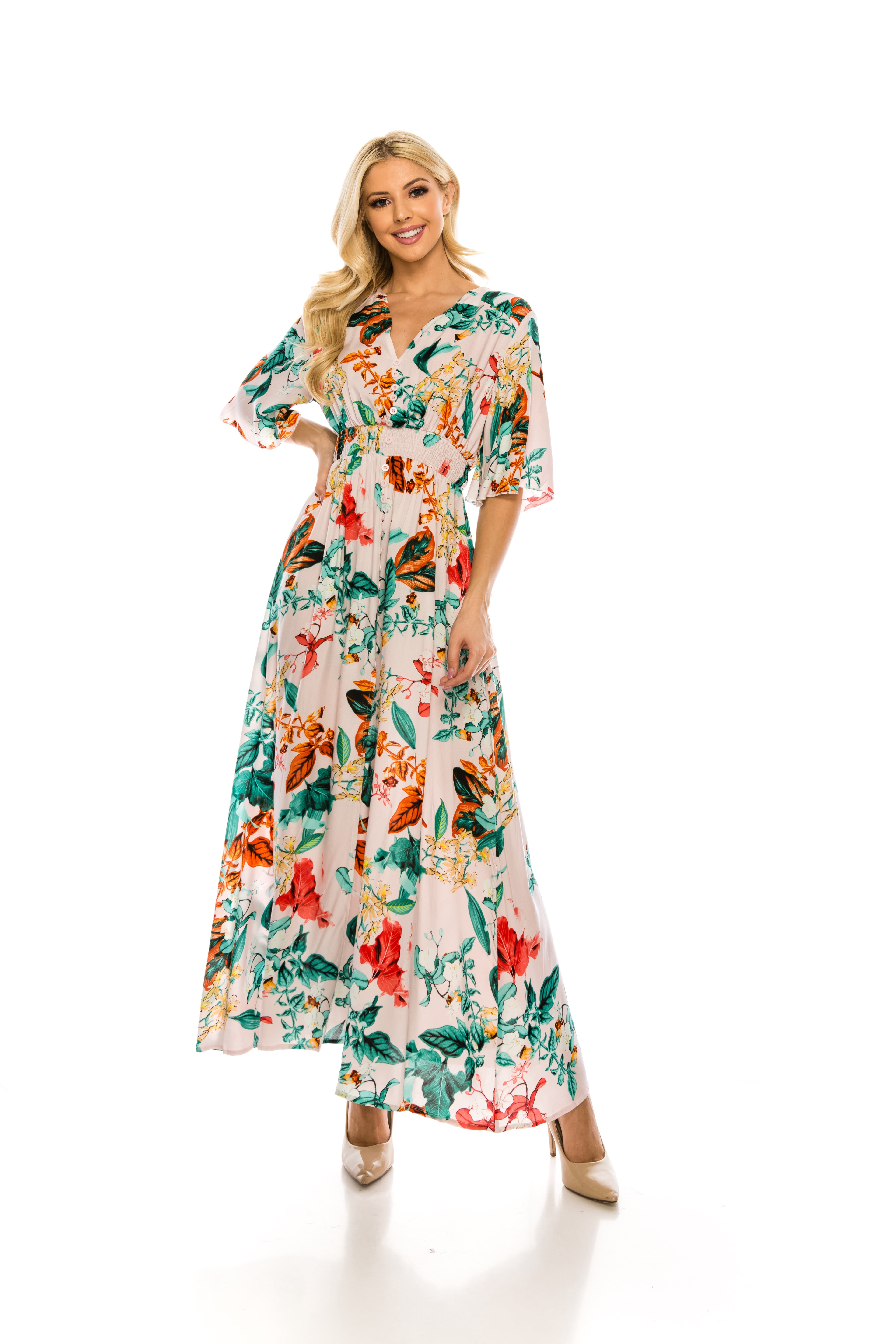 Elbow Sleeve Split Floral Maxi Dress 