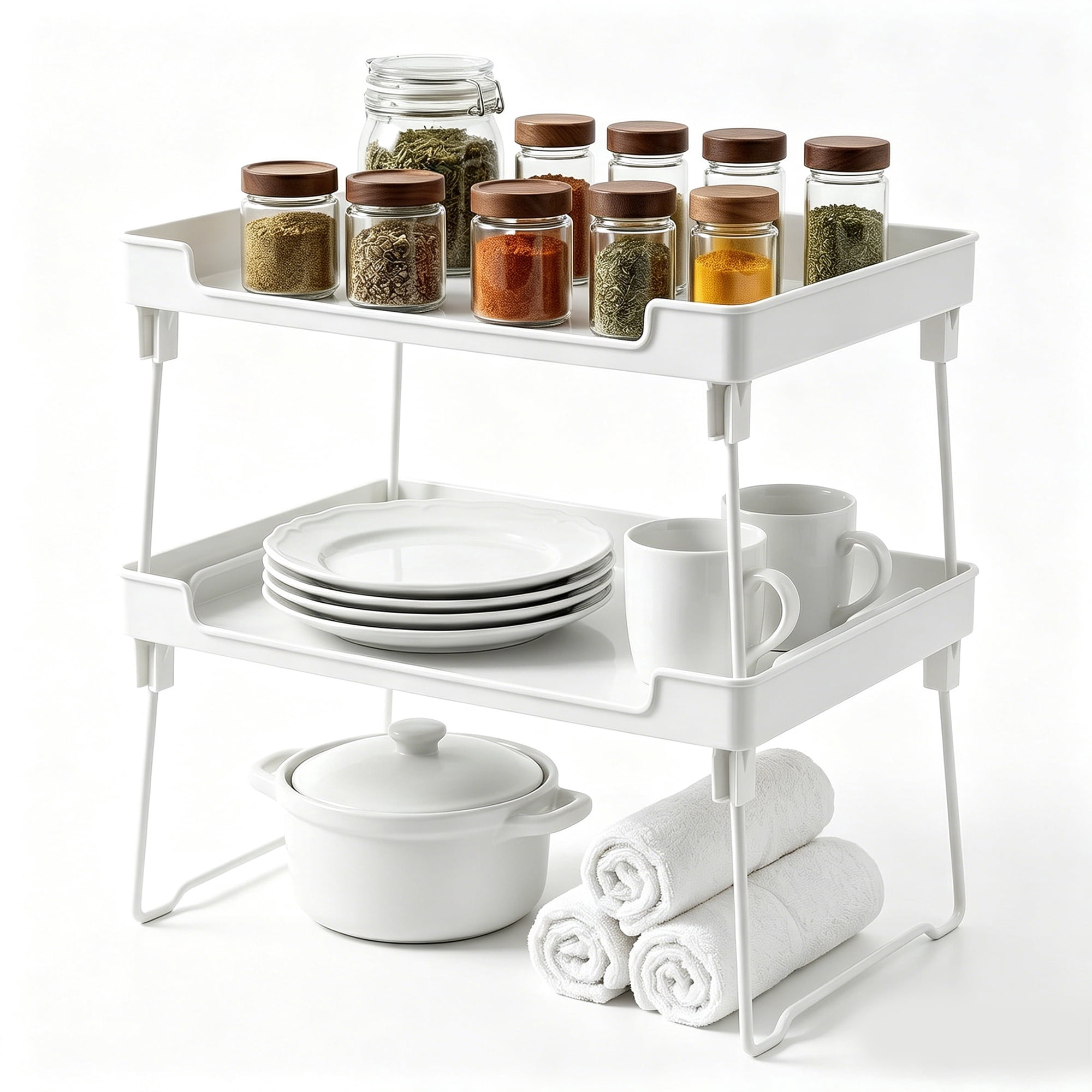 Riousery 2-Pack Stackable Cabinet Organizer Shelves, Foldable Kitchen Cabinet Storage Rack, PET Shelf with Stainless Steel Legs, 12.3" L x 8.8" W x 6.8" H, White