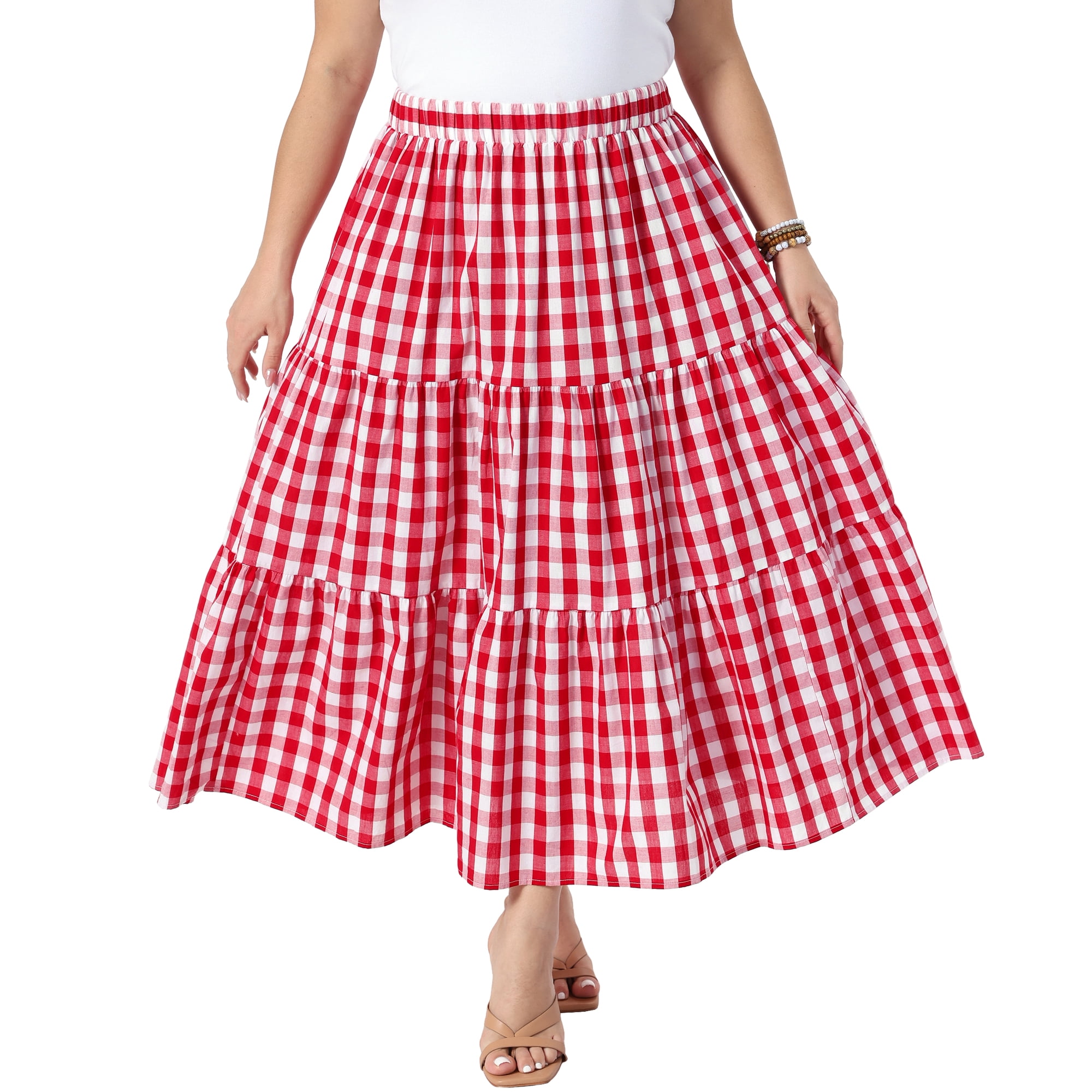 DARING DIVA Women's Plus Gingham Tiered Layer A Line Skirts 2X Red