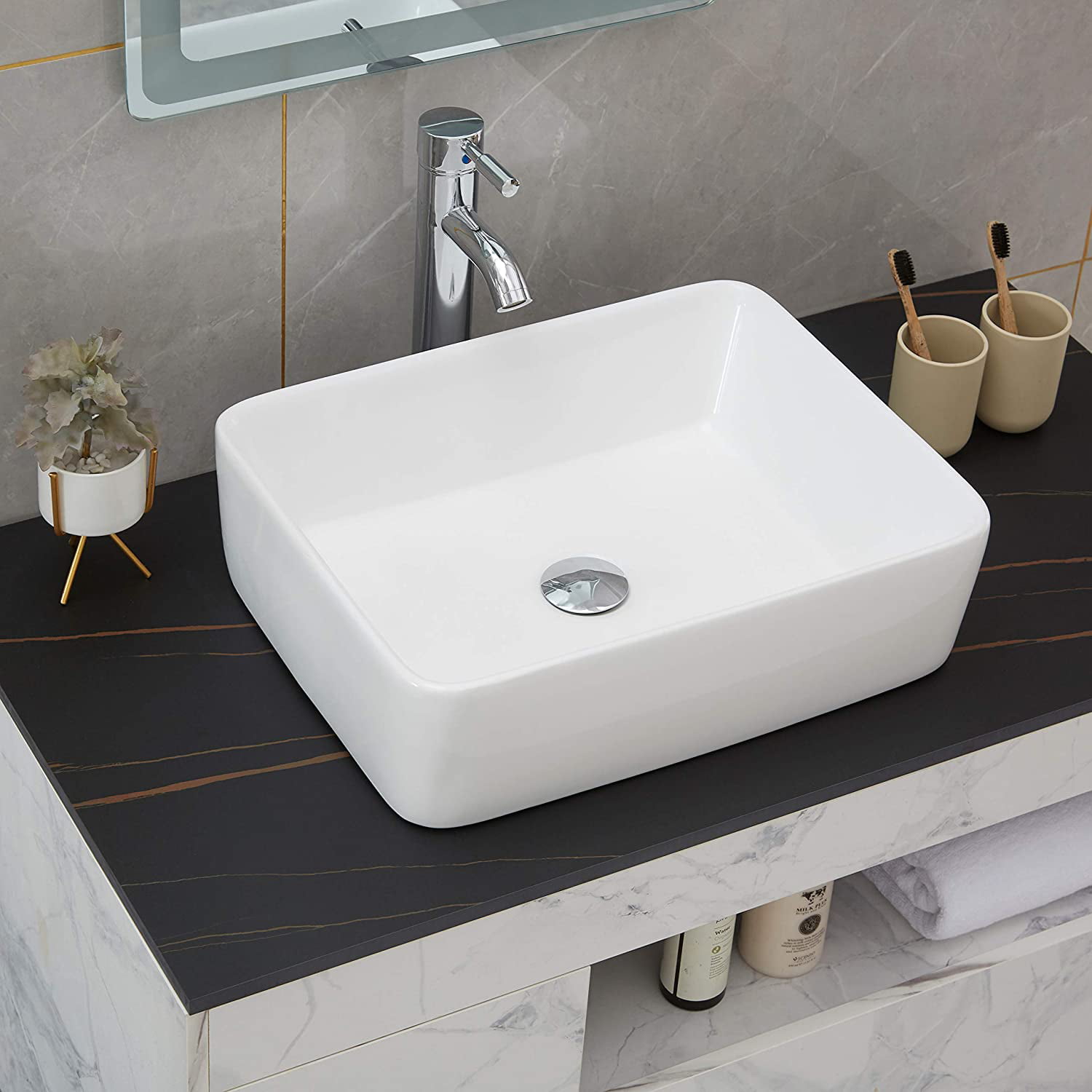 Hotis 19x15 Rectangle White Porcelain Ceramic Bathroom Vessel Vanity Sink,Vessel Sink Black Line Trim Rectangular Art Basin,Above Counter installation