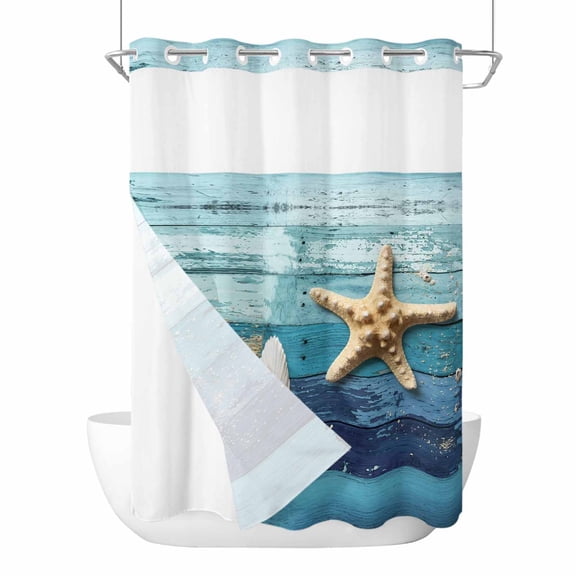 No Hook Ocean Starfish Shower Curtain with Snap in Liner Set, Nautical Coastal Conch Wooden Board Ombre Blue Waterproof Bathroom Curtains with See Through Top Window, Extra Long 72 x 96 Inch
