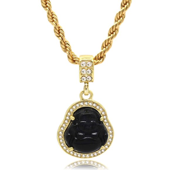 L & L Nation 14K Gold Plated High Fashion Lucky Smiling Buddha Charm Pendant Green Red White Black Blue On 4MM ROPE Chain (3.BLACK)