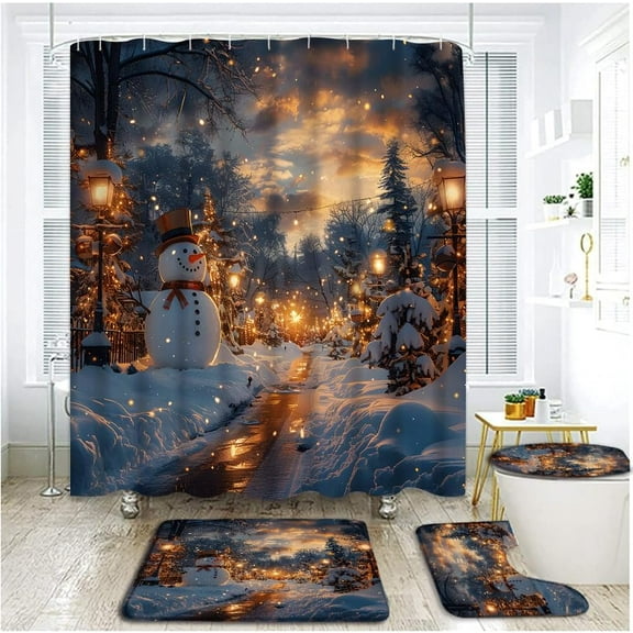 4 Piece Christmas Snowman Shower Curtain Set with Rugs, Toilet Lid Cover ,Christmas Eve Village Street Lamp Snowflake Xmas Tree Farmhouse Winter Scenery New Year Bathroom Shower Curtain with Hooks