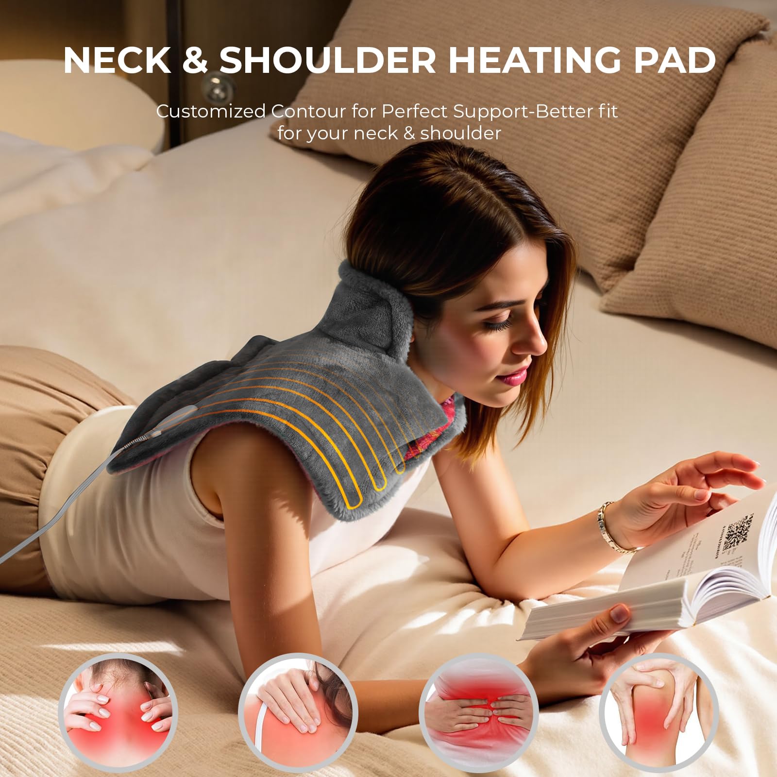 TCVOR 19''x24'' Heating Pad for Neck and Shoulders, 2Lb Weighted Soft Flannel Electric Heating Pads with 6 Heat Settings & 6 Timer Auto Shut Off, Gray