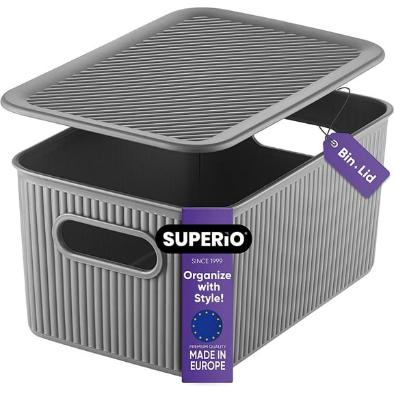 Superio Decorative Plastic Lidded Home Storage Bins Organizer Baskets, Medium Grey (1 Pack - 5 Liter) Stackable Container Box, for Organizing Closet Shelves Drawer Shelf - Ribbed Collection