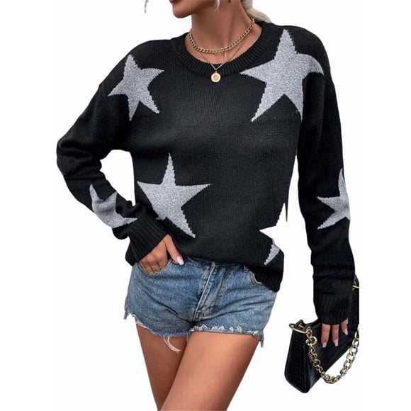 Women'S Star Pattern Crew Neck Drop Shoulder Casual Sweater Pullover Knitwear Black M