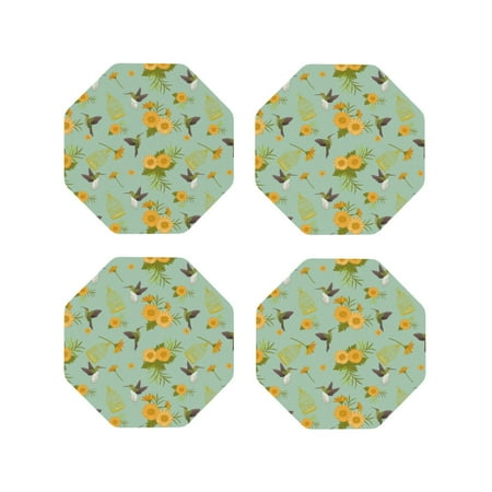 

Drink Coasters Set of 4 Yellow Chrysanthemum Hummingbird Leather Coasters for Coffee Table Protector Heat Resistant Cute Coasters for Home Decor Housewarming Gifts Bar Kitchen 4 Inch Octagon
