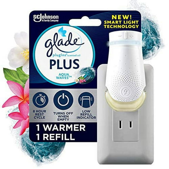 Glade PlugIn Plus Air Freshener Starter Kit, Scented Oil for Home and Bathroom, Aqua Waves, 0.67 Fl Oz, 1 Warmer   1 Refill