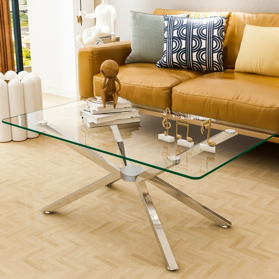 39.37" Rectangular Clear Tempered Glass Coffee Table,Stylish Design with silver Metal Legs, Coffee Table for Living Room