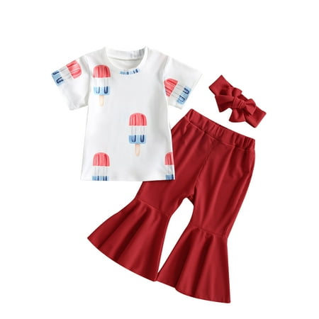 

GXFC Toddler Girl 4th of July Outfits Kids Girls Short Sleeve Ice Cream Print T-Shirts+Red Bell Bottom Flare Pants Set Independence Day Clothes 3pcs 6M-4Y