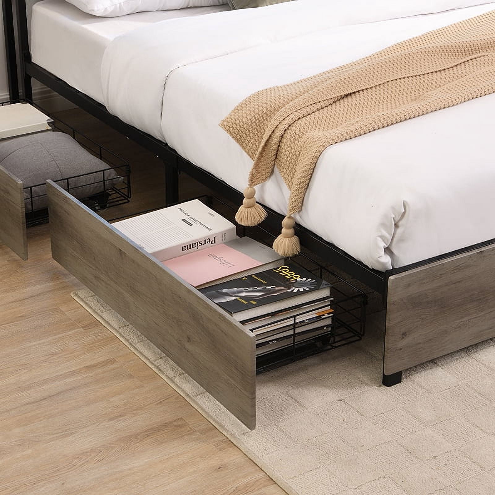 Yoneston LED Light Full Size Metal Platform Bed Frame with 2-Tier Storage USB Charging Station Headboard and 4 Large Side Drawers for Kids Teens Adults, Gray
