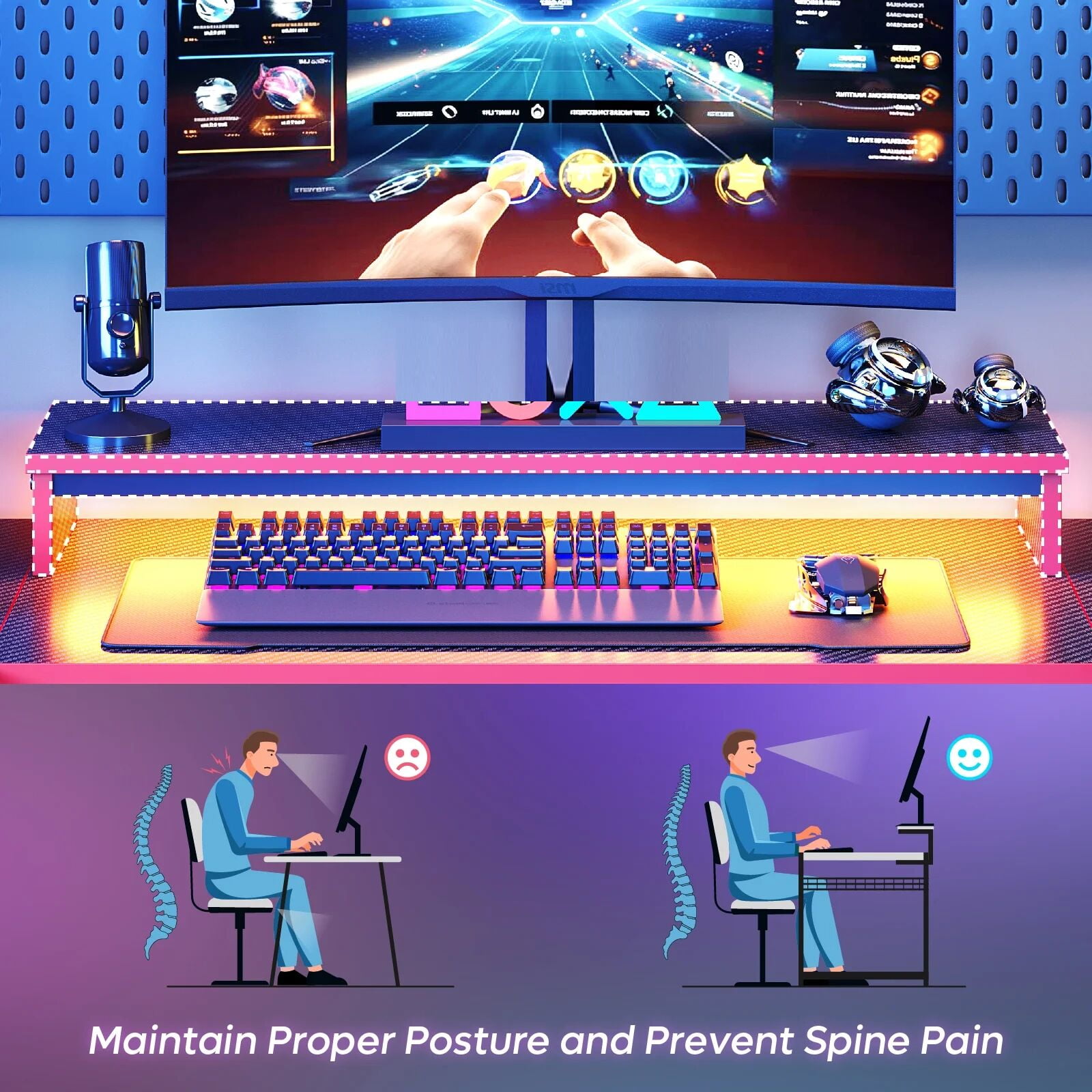 Bestier U-shaped Gaming Desk with Monitor Stand, LED Lights, Headphone Hooks, Cup Holder, 31.5 x 59 in, Carbon Fiber Black