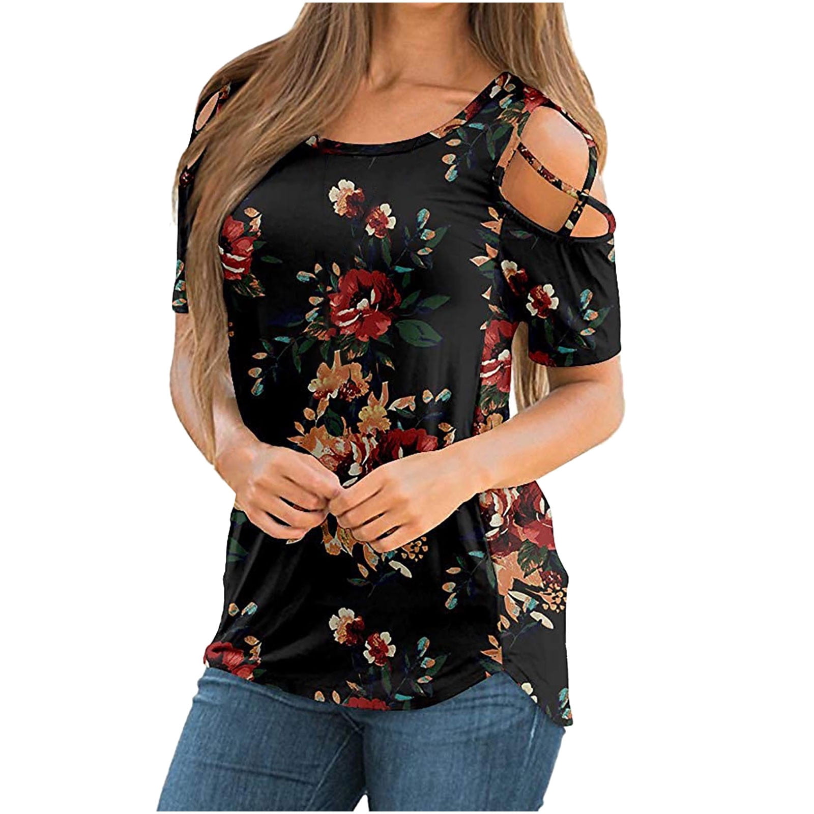 Womens Floral Summer Casual T-shirt Cold Shoulder Tee Tops Short Sleeve Blouse 