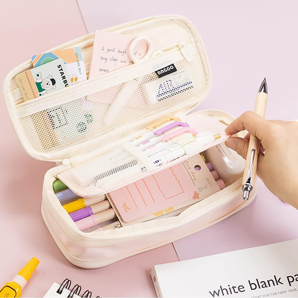 QCQHDU Canvas Big Capacity Pencil Case, Pink