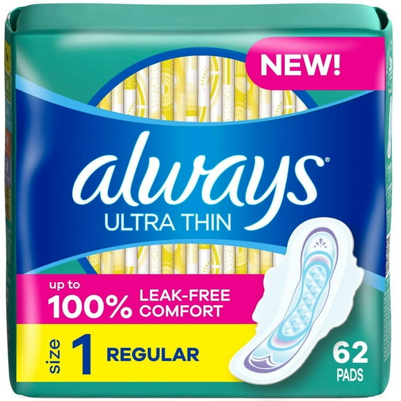 Always Ultra Thin Feminine Pads with Wings for Women, Size 1, Regular Absorbency, Unscented, 62CT