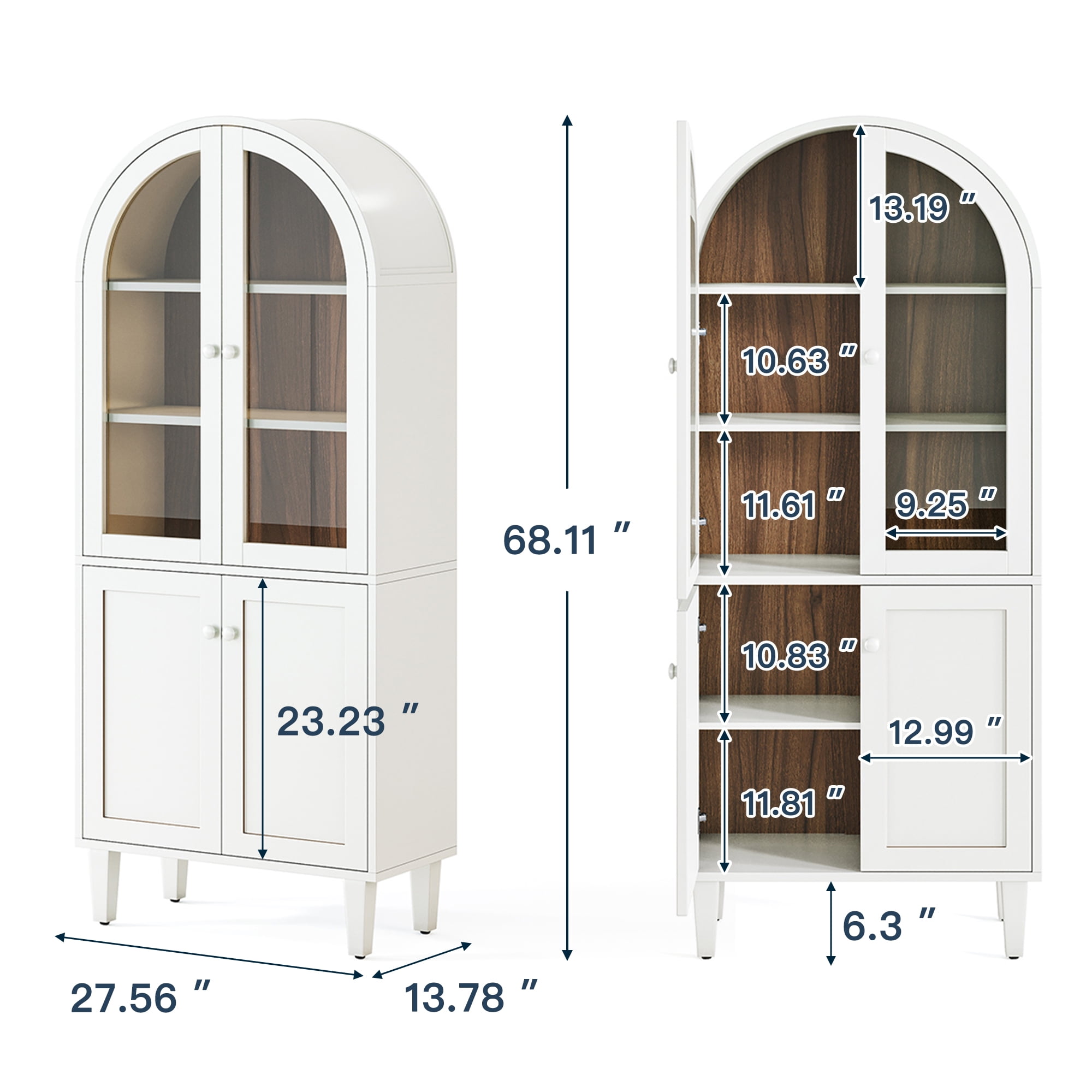 Demi Bonn 5 Tier Arched Bookcase, 68" Tall Wood Display Bookshelf Storage Cabinet Pantry Organizer for Bedroom, Living Room, White