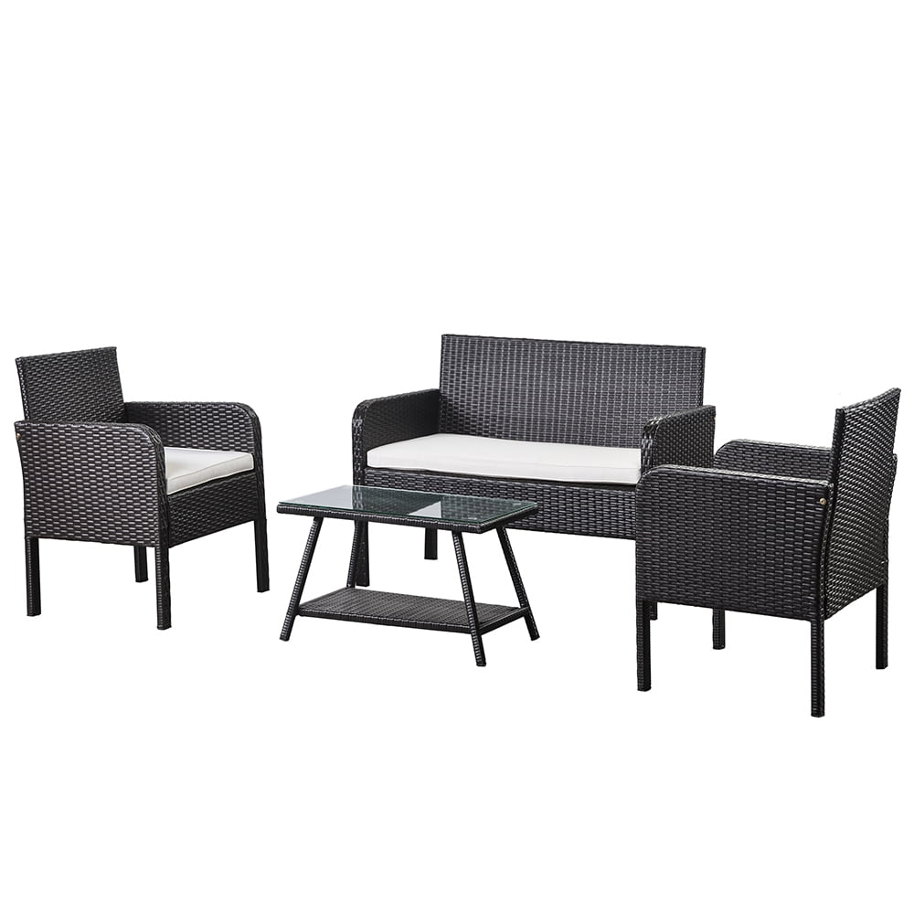 Kepooman 4 Piece Patio Ratten Dining Set, Outdoor Conversation Sofa Seating Set with Cushions - Beige Kepooman 4 Piece Patio Ratten Dining Set, Outdoor Conversation Sofa Seating Set with Cushions - Beige