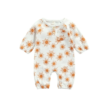 

Bebiullo Newborn Baby Girls Boys Autumn Outfits Kids Romper Sun Printed Button Jumpsuit Clothes 0-3 Months