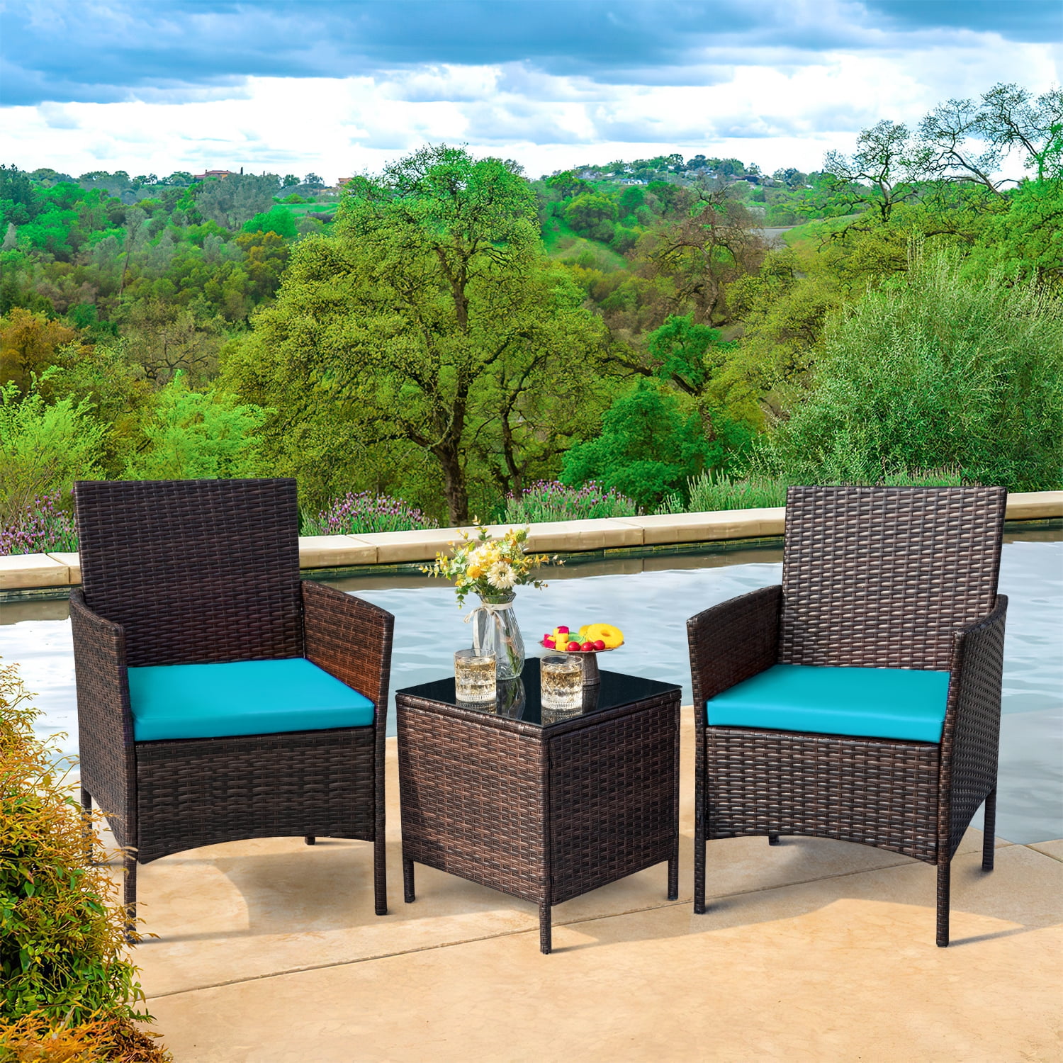 Homall 3 Pieces Patio Furniture Set Outdoor PE Rattan Wicker Patio Conversation Set Bistro Set with Tempered Glass and Cushioned Chairs, Brown/Blue