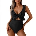 thumbnail image 6 of Hduncf One Piece Swimsuit for Women Tummy Control Ruffle Bathing Suit Solid Color V Neck Ruched Swim Suit Slimming Cutout Swimwear Black S, 6 of 7