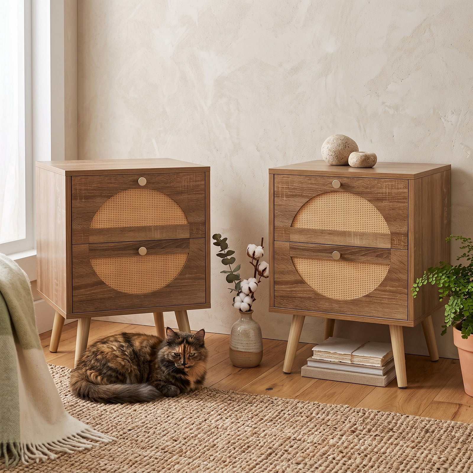 Furnibear Set of 2 Rattan Nightstands with 2 Drawers and Raised Solid Wood Legs for Bedroom Living Room and Guest Room, Natural