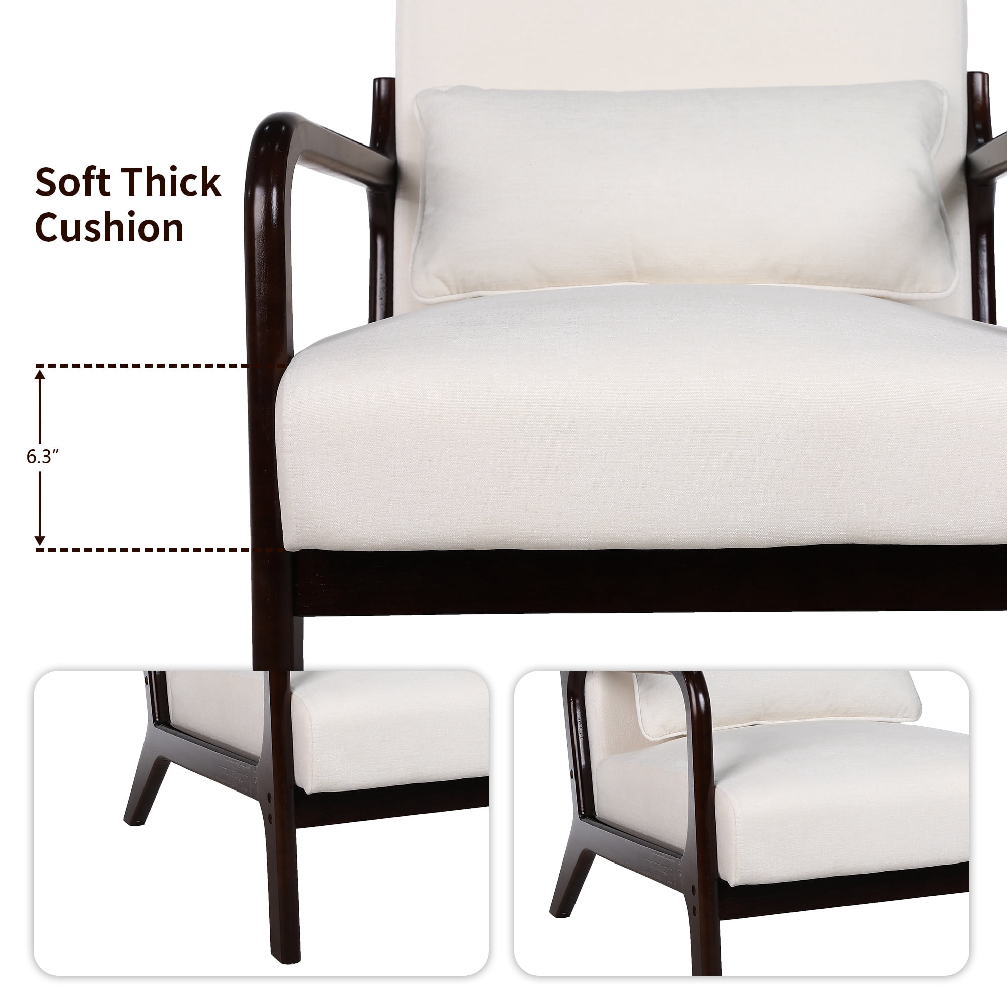 PORKISS Accent Chair Mid Century Modern Arm Chair with Wood Frame and Pillow, Corduroy Reading Armchair for Bedroom Living Room Office, Beige + Brown