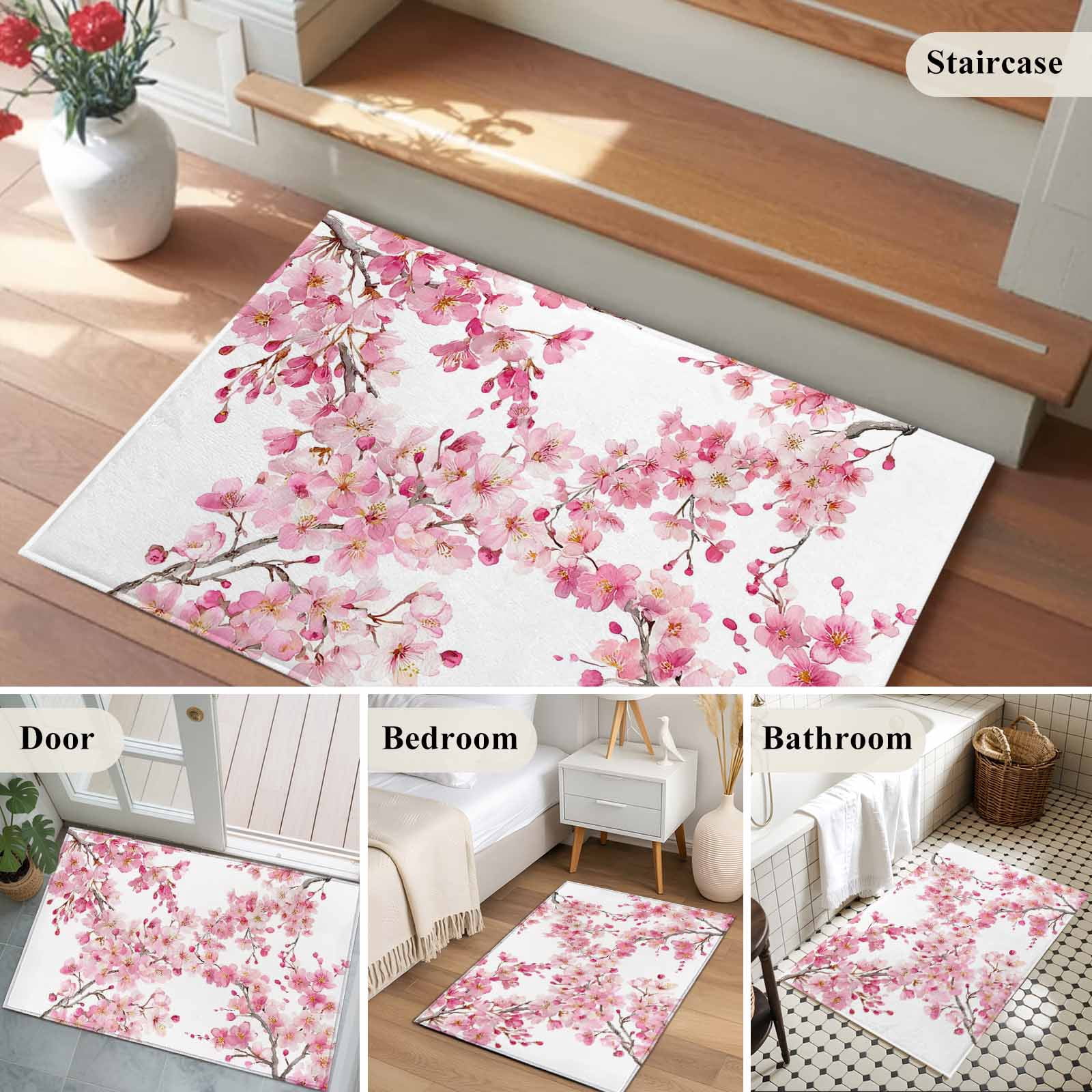 Spring Peach Flowers Entryway Rug 2'x3'&nbsp; Non Slip Front Door Mats, Pink Botanical Floral Leaves Branch Entrance Rugs Indoor Outdoor Carpet, Washable Floor Mats Small Area Rug for Bedroom Kitchen