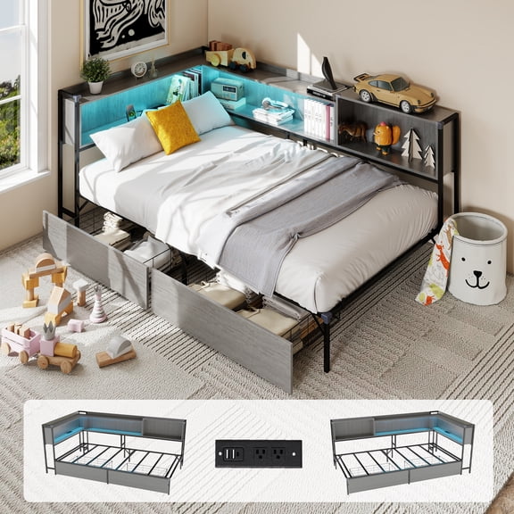 Twin Corner Bed Frame with Bookcase Storage, Twin Size Metal Platform Corner Bed Frame with Charging Station and LED Lights, Gray