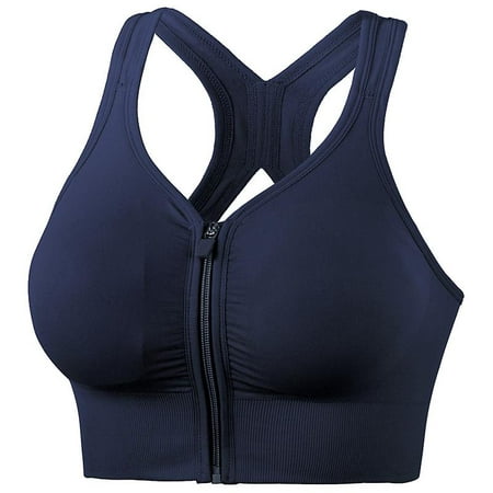 Women Sports Bra Front Zipper Closure Underwear Shockproof Sportswear For  Running Fitness-L-Navy Blue 
