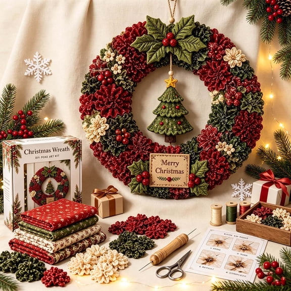Christmas 3D Fabric Wreath DIY Punch Needle Kit, Holiday Handcraft Wreath Making Set for Front Door Wall Fireplace Decor.Christmas Tree
