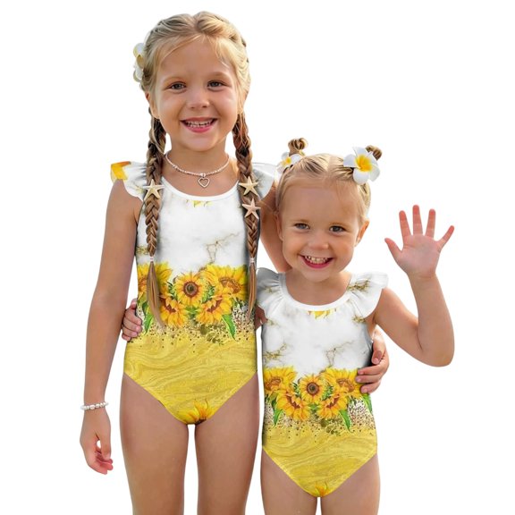 Abcomgle Baby Girl Swimsuit Ruffled Stretchy One Piece Swimsuits for Little Girls Cute Sunflower Print Bathing Suits for Girls