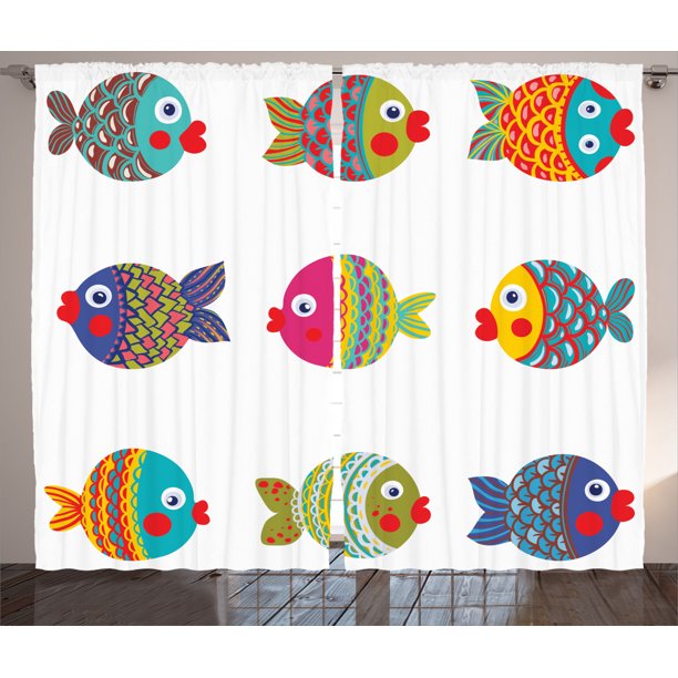 Ocean Animal Decor Curtains 2 Panels Set, Boho Ethnic Featured Ornate Fish Gills Water Childish