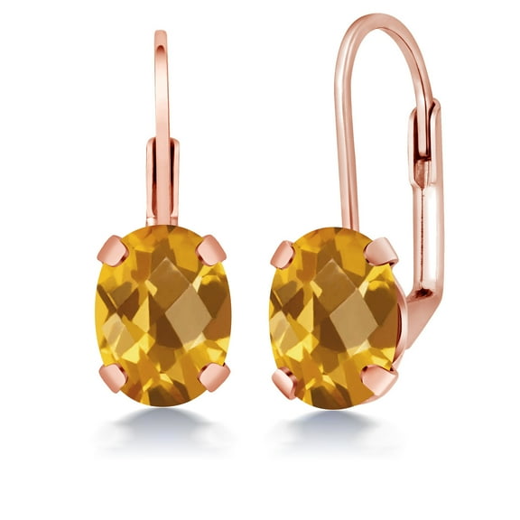 Gem Stone King 2.50 Ct Oval Checkerboard Yellow Citrine Brass Rose Gold Plated Brass Earrings