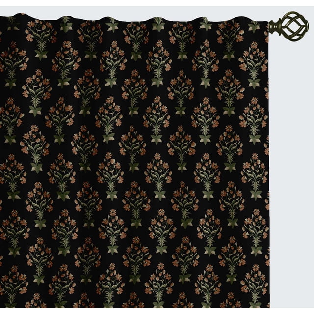 Vargottam 84 Inch Rod Pocket/Back Tab Cotton Curtains for Windows and Doors - Light Filtering Cotton - Light Filtering Drapes For Doors - Set of 2 Panels, 52"x84" - Floral Block Print (Black)