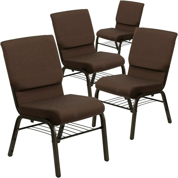 Flash Furniture 4 Pack 18.5''W Church Chair in Brown Fabric with Book Rack - Gold Vein Frame