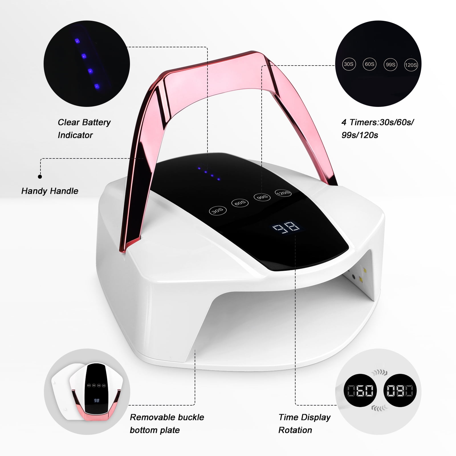 Cordless LED Nail Lamp96W Rechargeable UV LED Nail Lamp with Portable Handle, Multi-Function UV Light for Nails