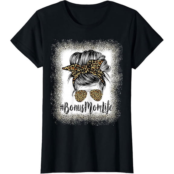 Women's 100% Cotton T-Shirt 180gsm - Bonus Mom T-shirt Leopard Print Messy Bun Stepmom Tee, Black Comfortable Breathable Soft Tee