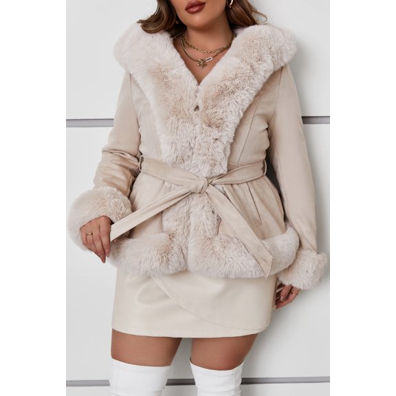 Giolshon Women's Plus Size Faux Suede Leather Coat Thickened Belted with Faux Fur Collar Fall Winter Casual Outerwear