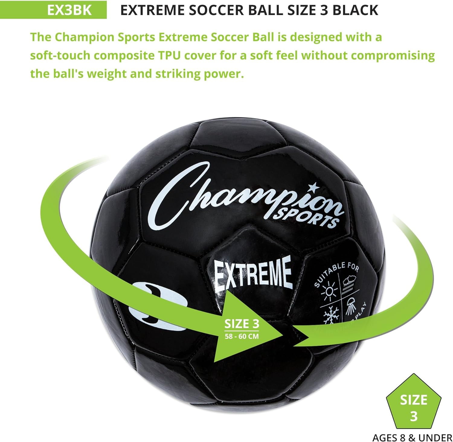Champion Sports Extreme Series Soccer Ball, Size 3 - Youth League, All Weather, Soft Touch, Maximum Air Retention - Competitive and Recreational Futbol Games, Black