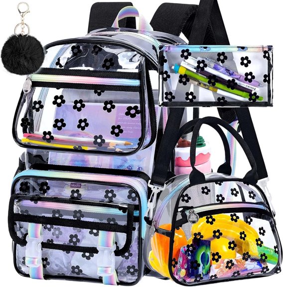 Clear Bookbag Heavy Duty, 3PCS Girls See Through School Bag Set, Cute Transparent Backpack for Women - Plum Blossom Black