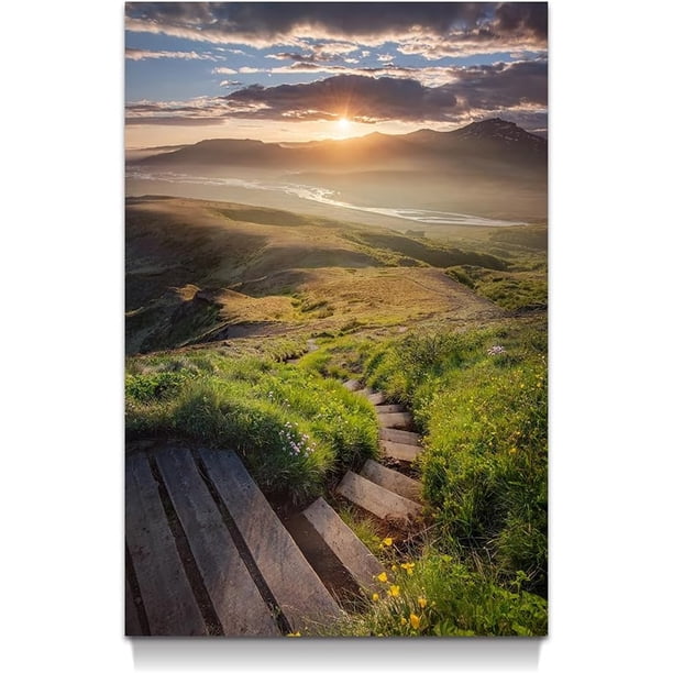 Arte mural de paisaje con montañas, lago y atardecer. Cuadro con amanecer y pastizal, ideal para decorar dormitorios, escaleras y todo el hogar.