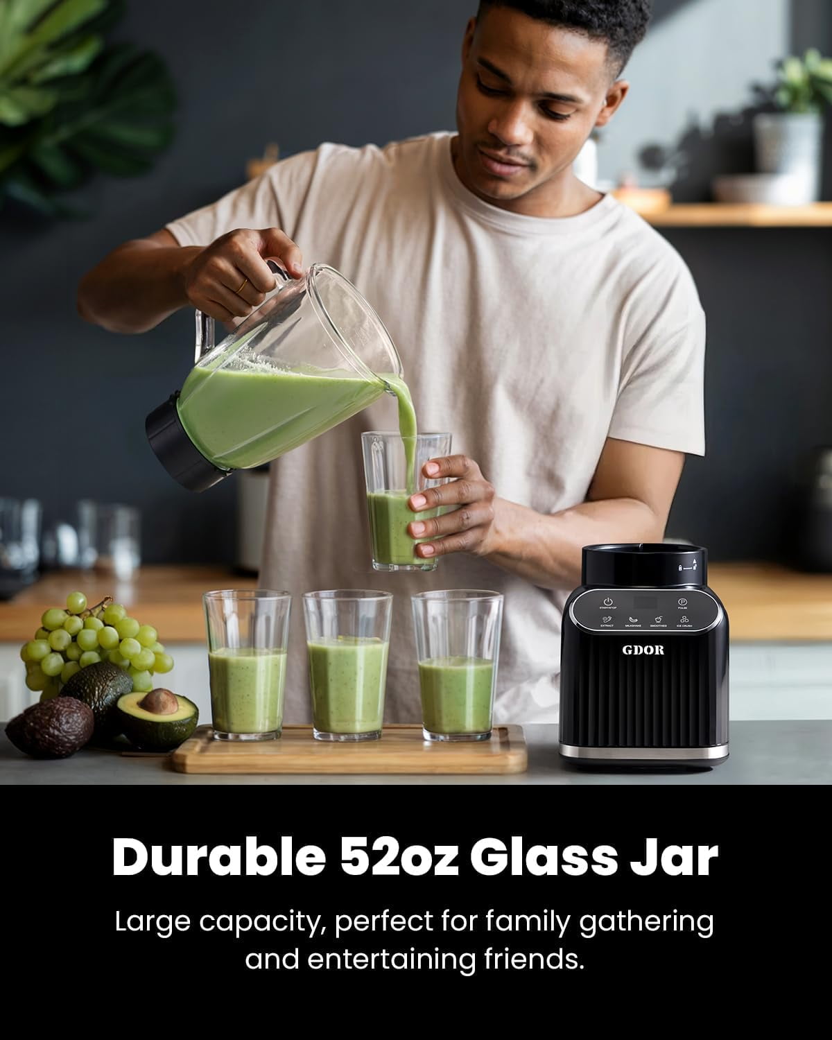 Professional Blender for Kitchen, 1200 Peak  Smoothie Blender, 5 Functions for Ice Crushing & Frozen Fruit, 52 Oz Glass Jar & 24 Oz To-Go Cup Combo, Self-Cleaning, Black