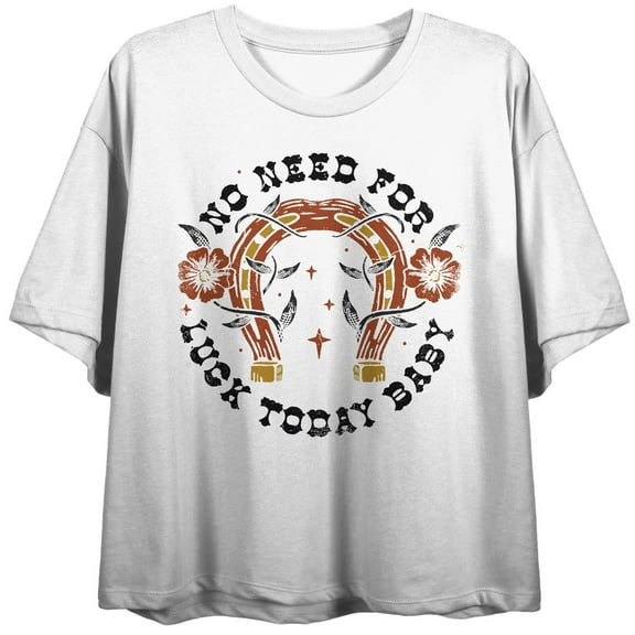 No Need For Luck Today, Baby! Distressed Horse Shoe Women's White Graphic Crop Tee-Medium