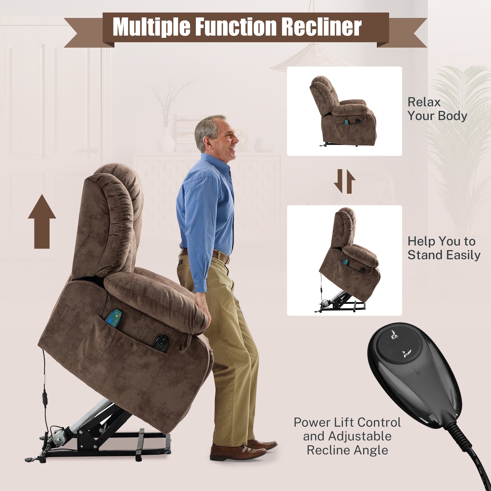 Power Lift Recliner Chair with Heat and Vibration Massage, UHOMEPRO Modern Fabric Elderly Electric Reclining Sofa with Remote Control and Side Pockets for Living Room Home Theater, Light Brown