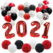 ADLKGG 2021 Graduation Balloons Banner, New Years Eve Party, Hanging Tissue Paper Fans, Latex Balloons, Paper Lanterns, Pom Poms Flowers for Graduation Prom Back to School Decorations (Red Black)