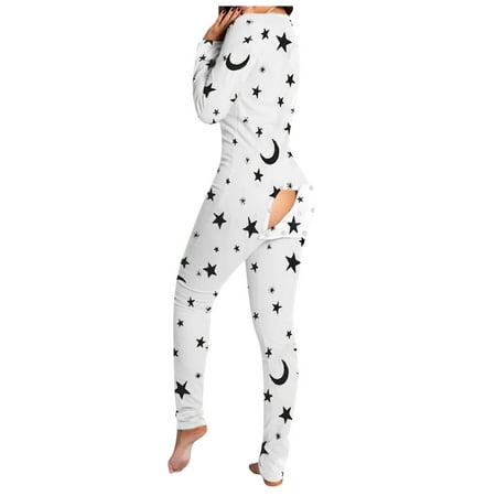 

SoighxzcBack Front Functional Buttoned Flap Jumpsuit Women s Pajamas One Piece Sleepwear Floral Printed Casual Comfy Rompers XX Large White