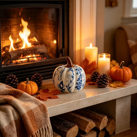 Blue and White Porcelain Large Pumpkin Figurines White Pumpkin Decor, Ceramic Pumpkin Sculpture Chinese, Home Decor for Table Mantel Shelf, Nice Gift for Fall Harvest Thanksgiving Festival